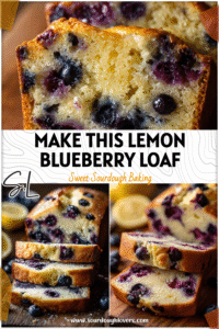A golden loaf of Sourdough Lemon Blueberry Bread sliced to show its tender crumb and bursting berries.